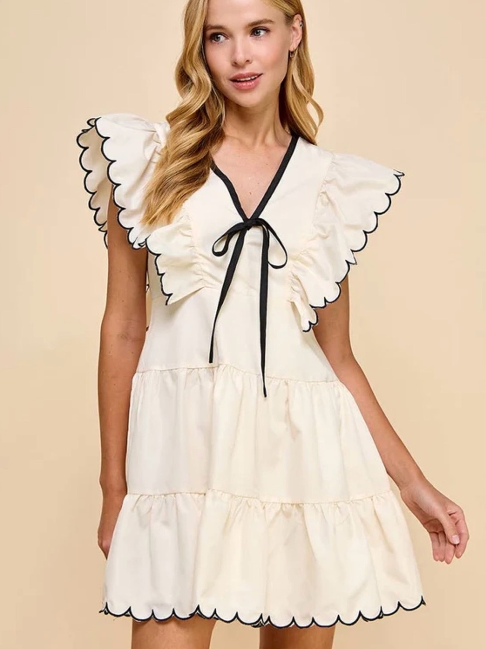 TCEC Women’s Cream Scallop-Trim Tiered Dress with Black Tie